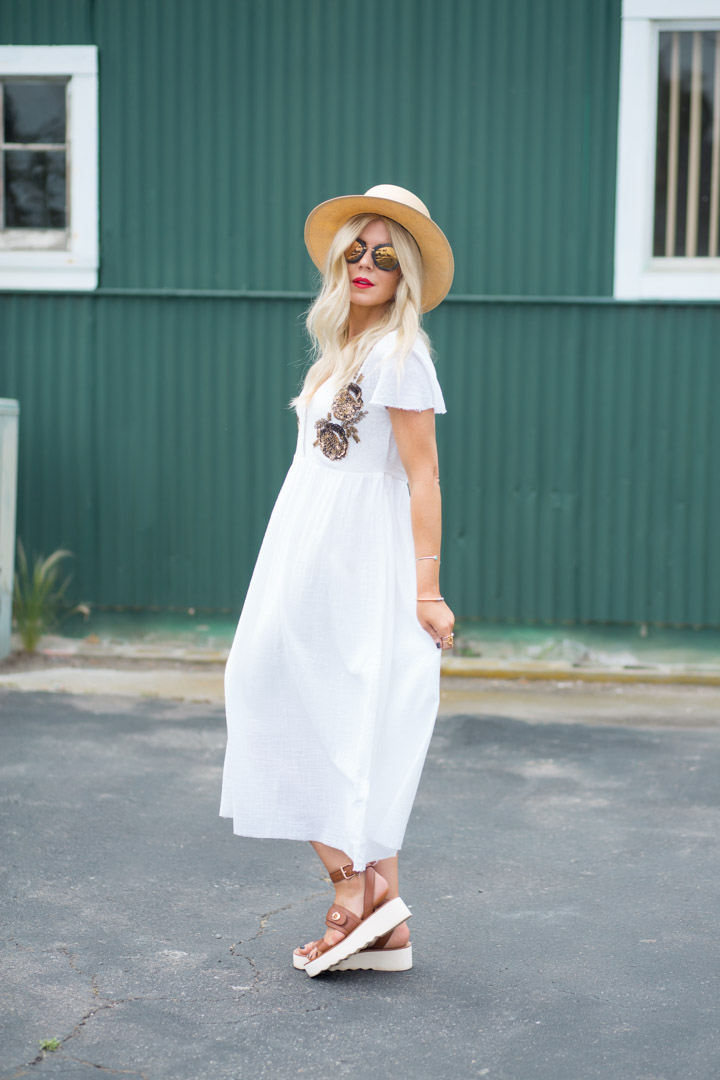 Lisa Allen of Lunchpails and Lipstick wearing a white somedays Lovin midi dress, with a jeans leone hat. 